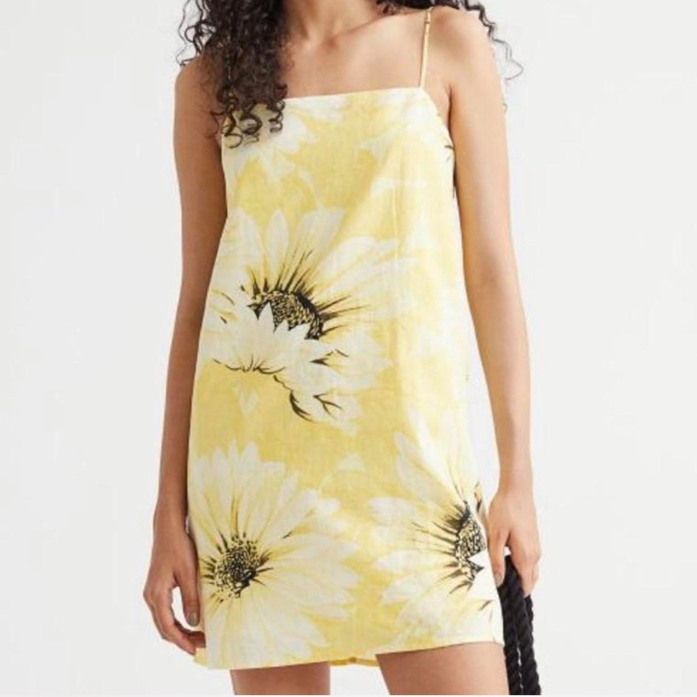 H&M Linen Blend Summer Mini Dress Lemon Floral Beach Vacation Size M